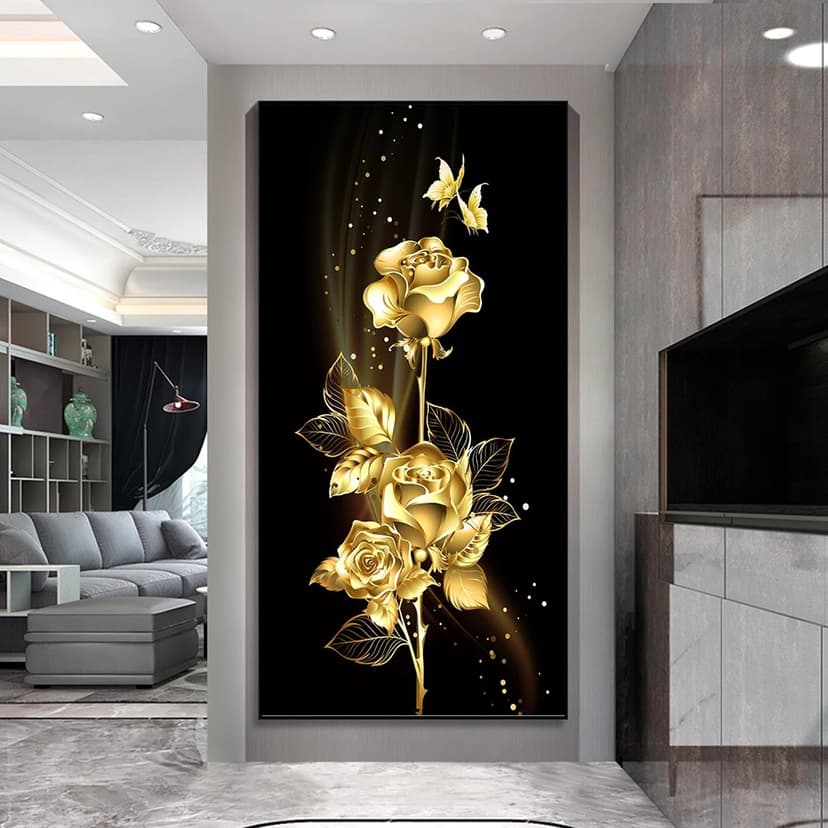 Tableau de décoration d'intérieur « Papillon aux feuilles dorées » - Fleurs en f