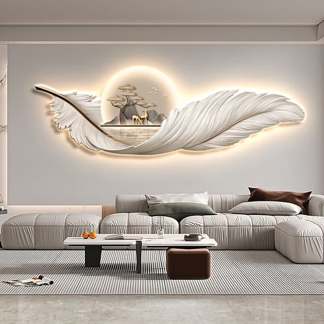 Tableau suspendu LED « Light Luxury Feather Warm Belt » - Tableau décoratif pour