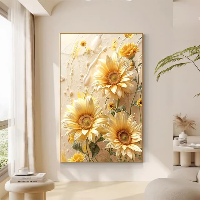 Peinture décorative pour salon « Cream Style Sunflower » : motif floral, texture